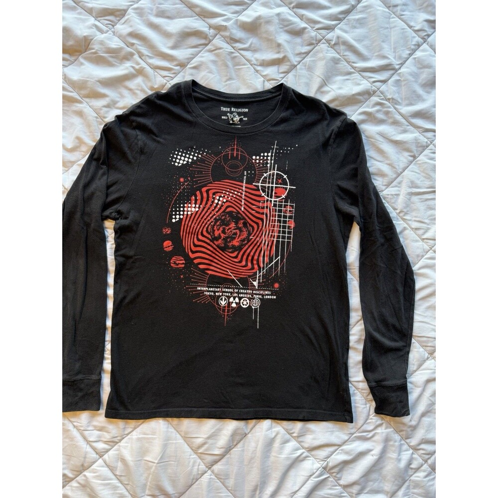 True Religion Men's Space Graphic Print T-Shirt Black Crew Neck Long Sleeve M